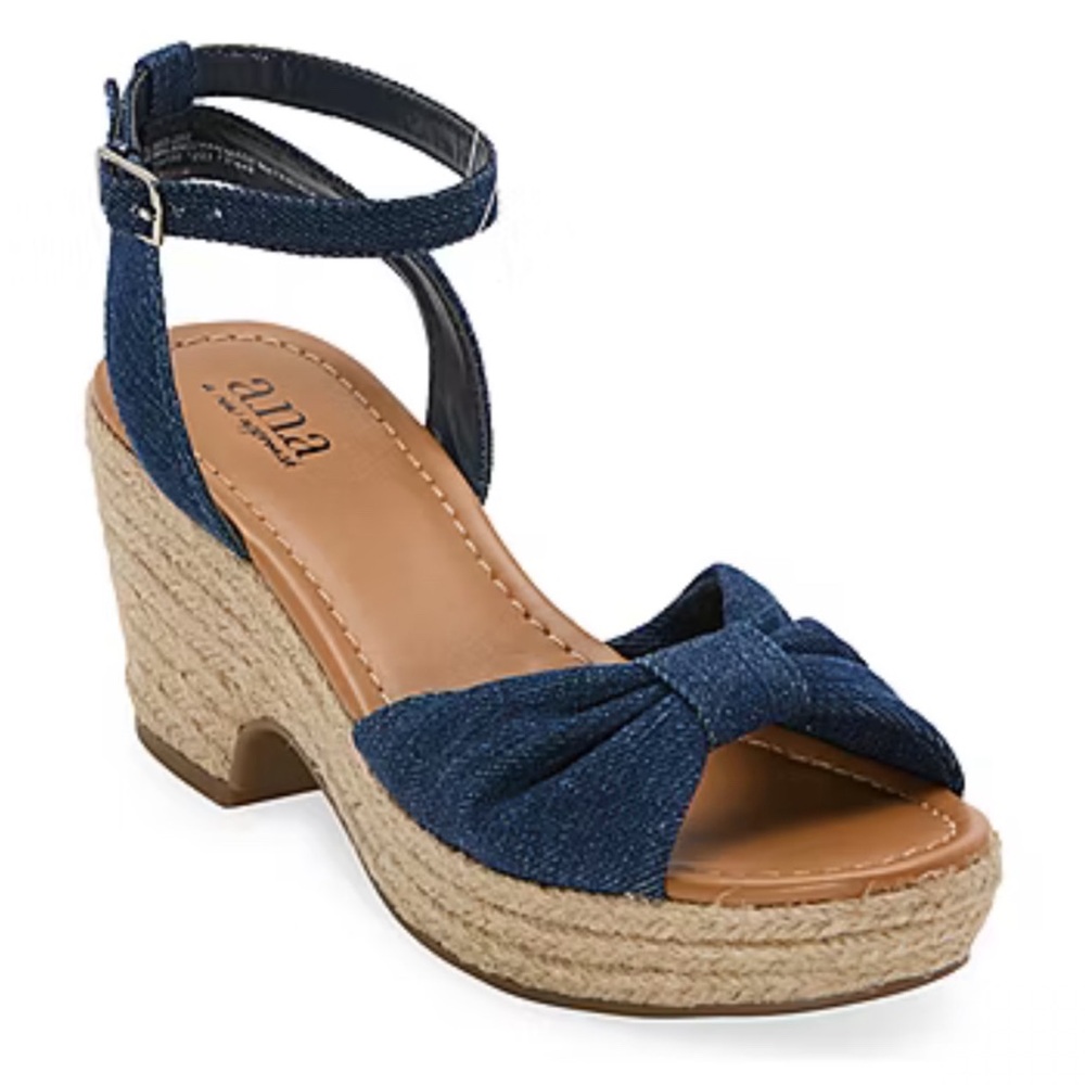 a.n.a Womens Dukes Heeled Sandals Denim size 7.5 NWT Platform Raffia Ankle Strap
